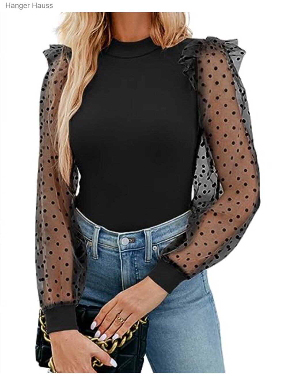 Mock Neck Polka Dot Mesh Puff Long Sleeve Bodysuit